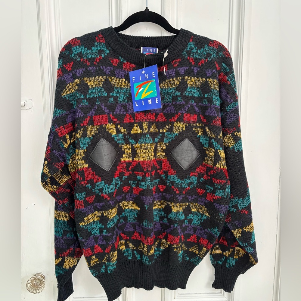 Vintage Fine Line Sweater NWT Multi Colour Vegan Leather Detail M New Old Stock